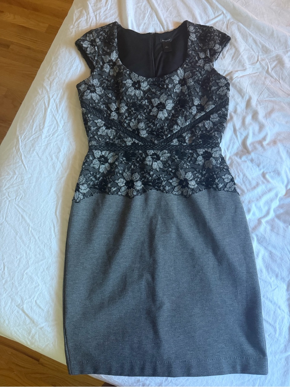 Ann Taylor Gray Dress with Black Floral Lace Bodice